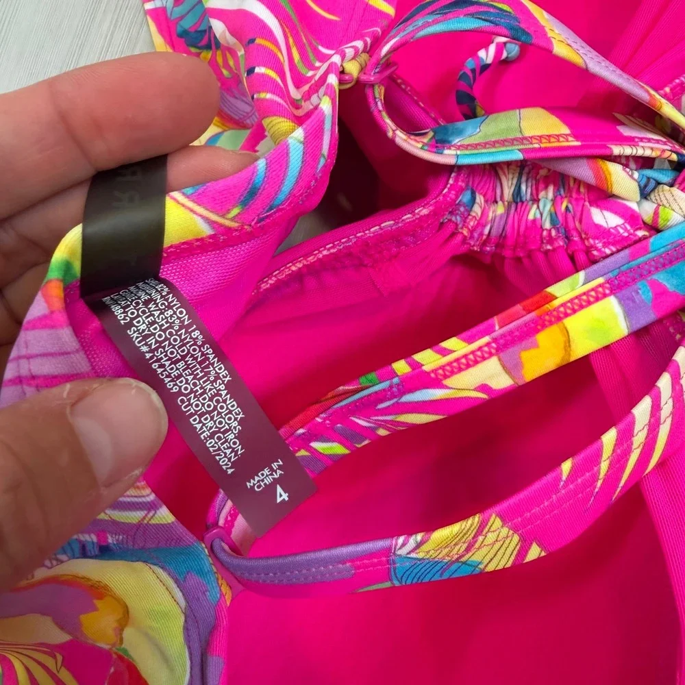 Torrid Tropical Palm Print Lace Up Wireless Bikini Top Pink Multi Size 4